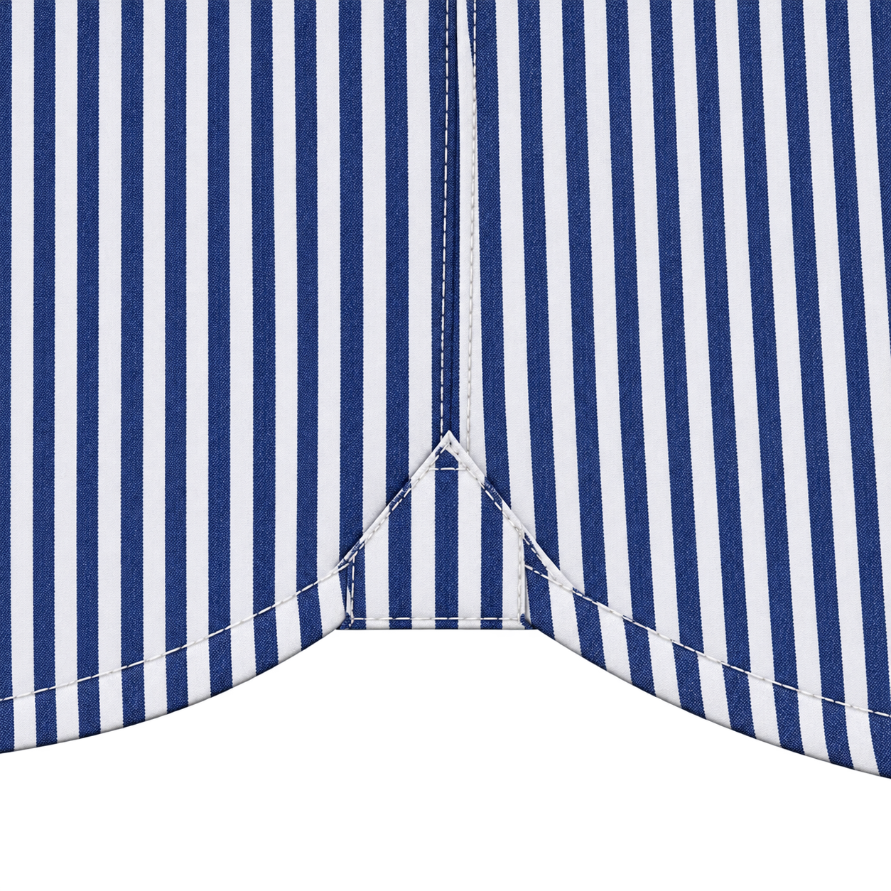 Small folded hem guard with navy and white stripes running down both shirt panels and the guard