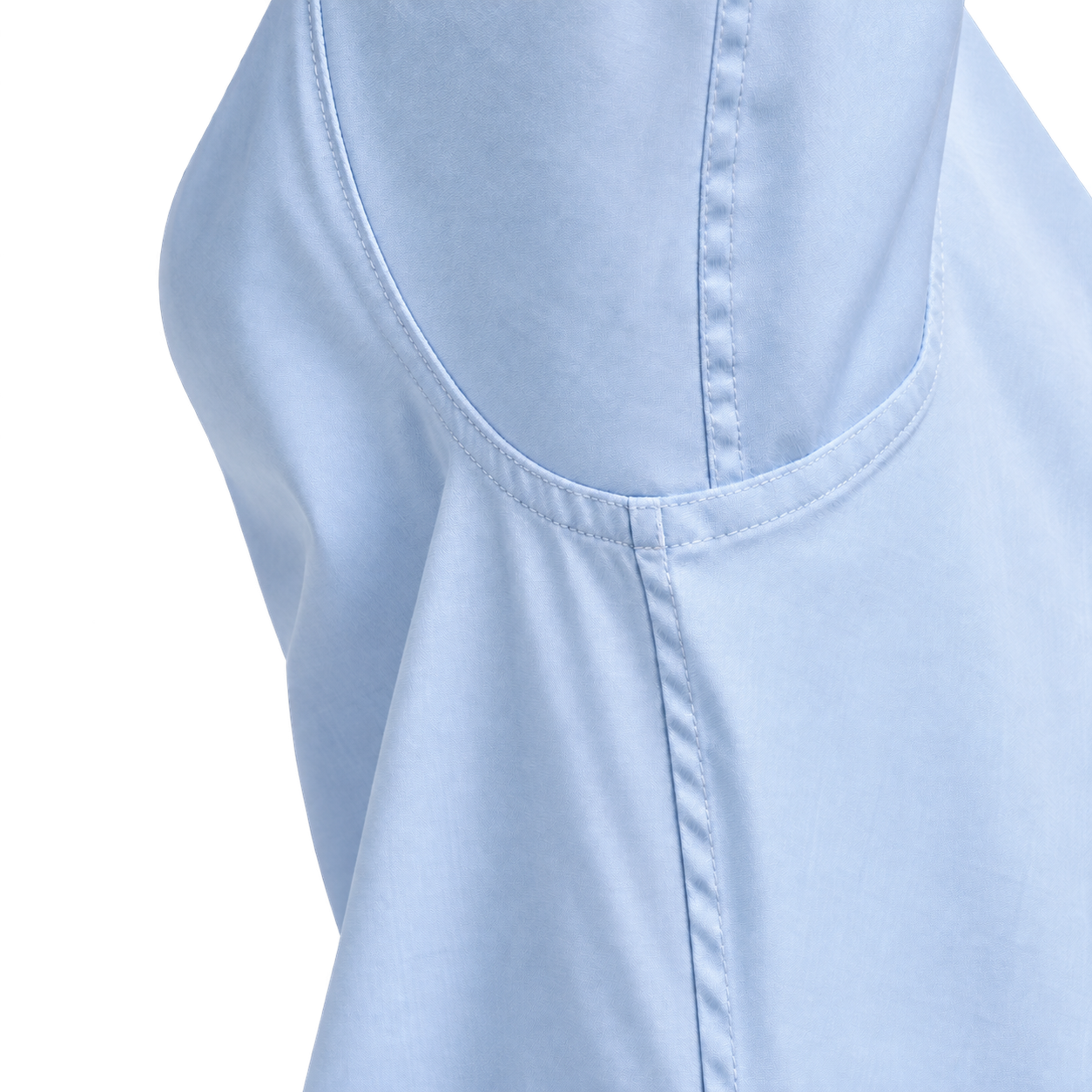 Close-up of the sleeve and body seams meeting the armhole at offset points